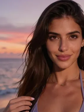 Sienna, AI girlfriend selfie at sunset on the beach